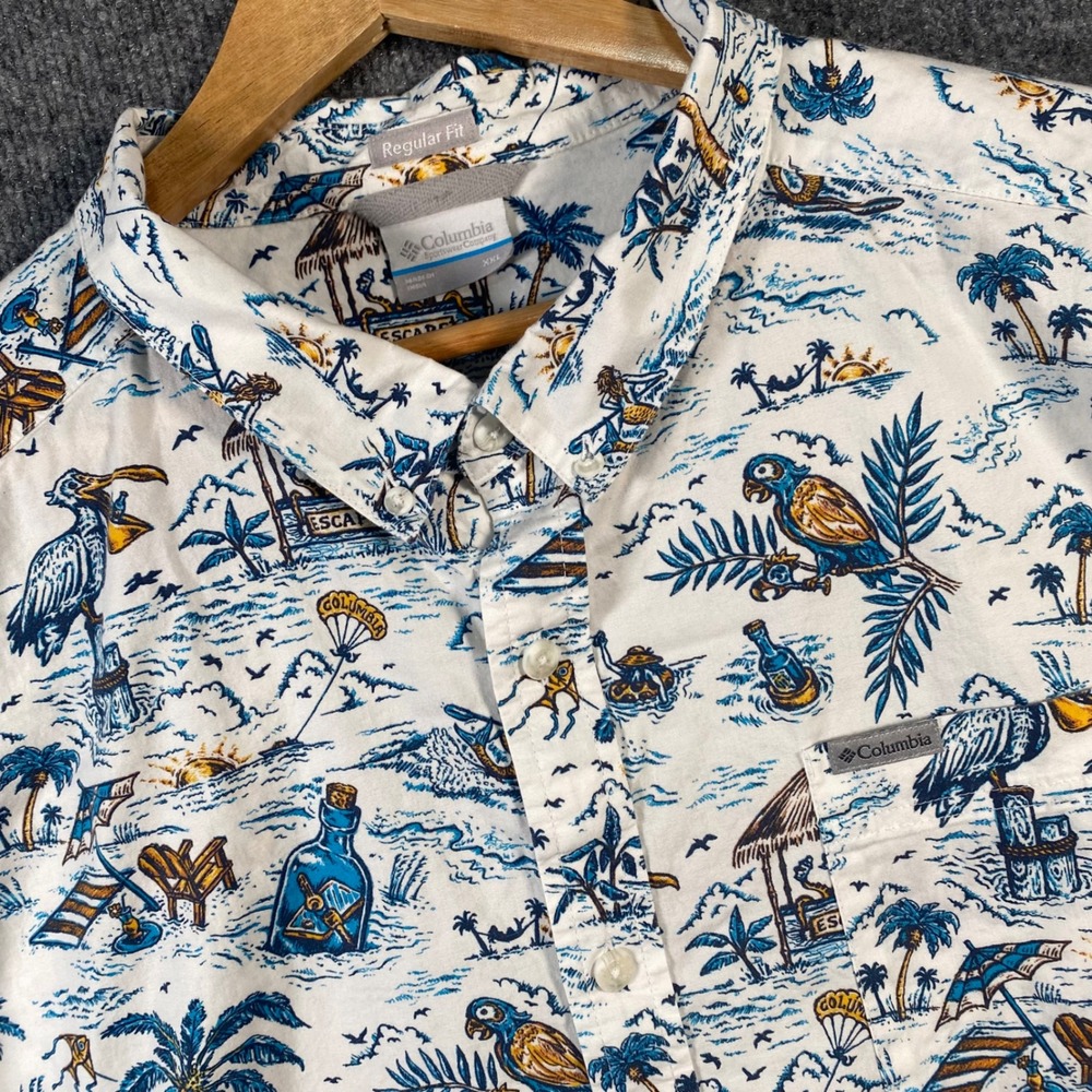Columbia Button Down Shirt Mens XXL Hawaiian Tropical Beach Parrot Short Sleeve